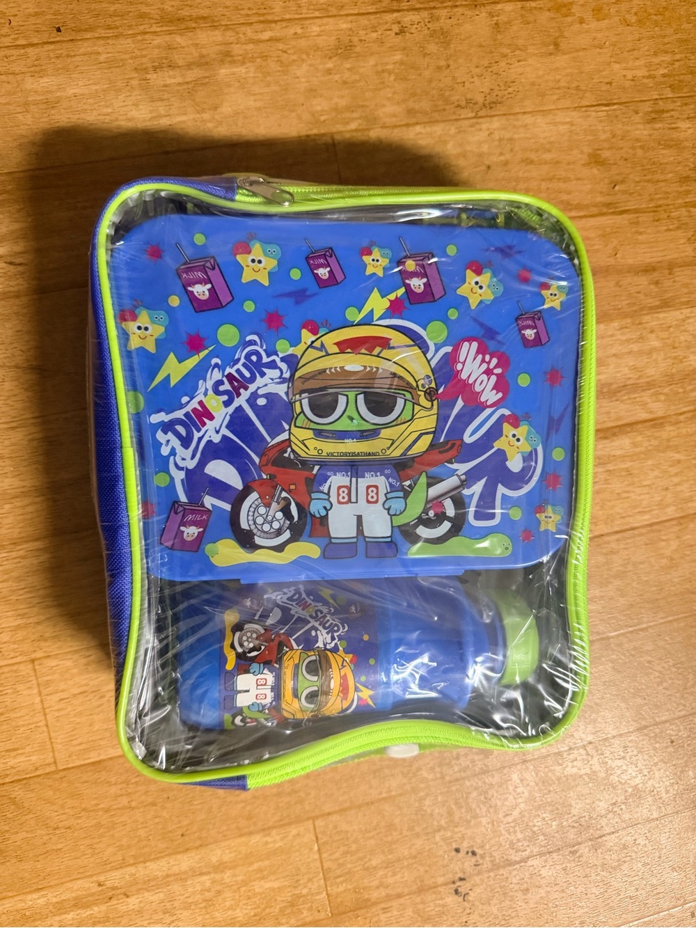Kids Dino Racer Lunch Bag and Bottle Set - Blue & Neon Green